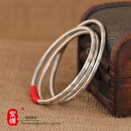 925纯银手镯女泰国清迈手工泰银饰品手环鱼骨花纹红绳民族风镯子