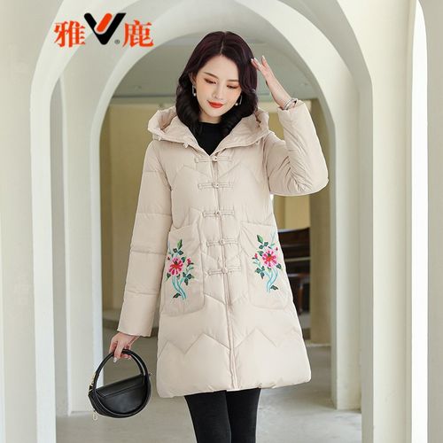 δ69年末特价雅鹿品牌女装棉袄女时尚中长款棉服刺绣花口袋女冬季