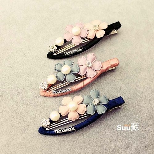 花朵撞色发夹韩版优雅顶夹珍珠刘海发饰日韩国水钻头饰镂空鱼嘴夹