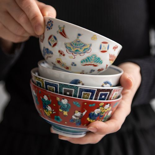 日本进口九谷烧陶瓷饭碗日式彩绘吉祥纹雀鸟印花家用日式小碗汤碗
