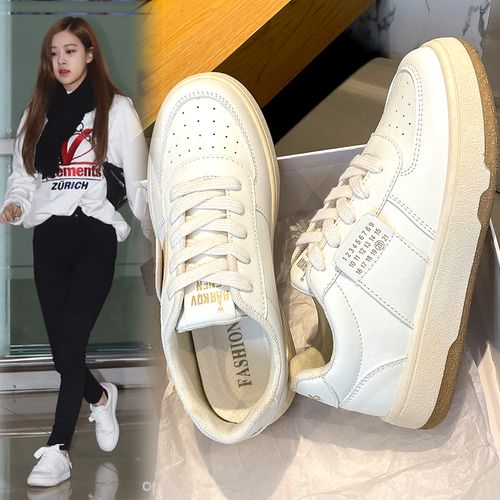 rose朴彩英同款小白鞋韩版女明星低跟绑带圆头平底板鞋2022春季款