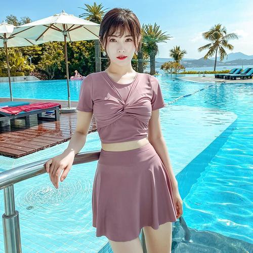 女游泳衣保守微胖泳衣女保守分体平角游泳衣女装新款显瘦遮肚短袖运动