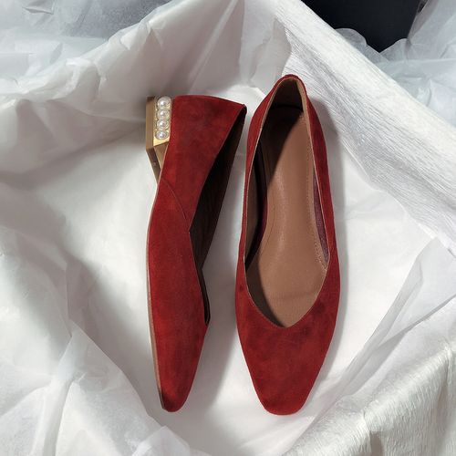 森屿海巷 2022新款真皮珍珠平底法式百搭韩版方头一脚蹬文艺单鞋