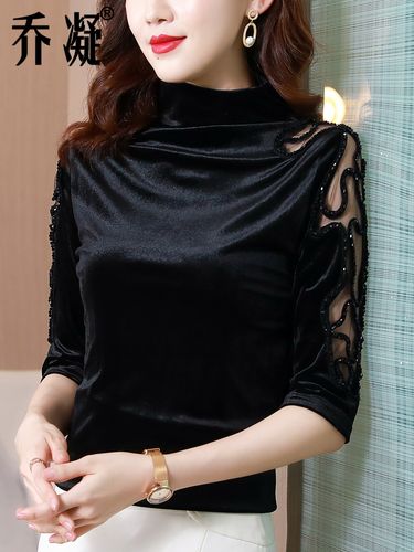 半高领金丝绒打底衫秋冬2021年新款女装中袖t恤时尚黑色半袖上衣