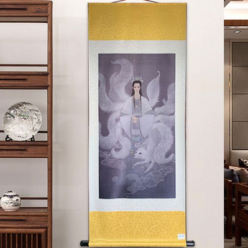 白衣男九尾狐仙画像女狐仙挂画佛教道教仙家堂口装饰丝绸卷轴画