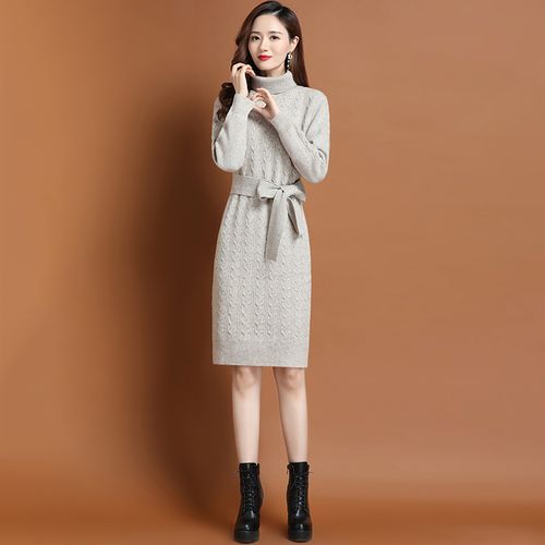 毛衣裙过膝百搭配大衣系带加厚长裙子秋冬羊毛连衣裙女100纯羊毛
