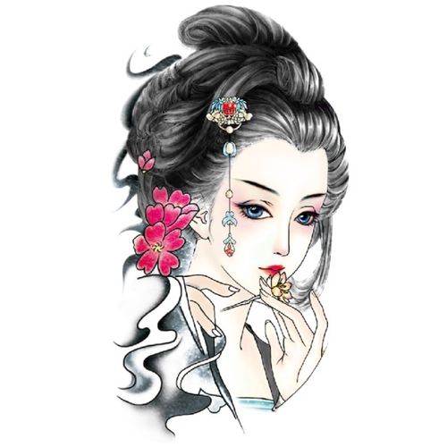 纹身贴防水古典手绘美女艺伎姬花臂小腿男女    shi 1