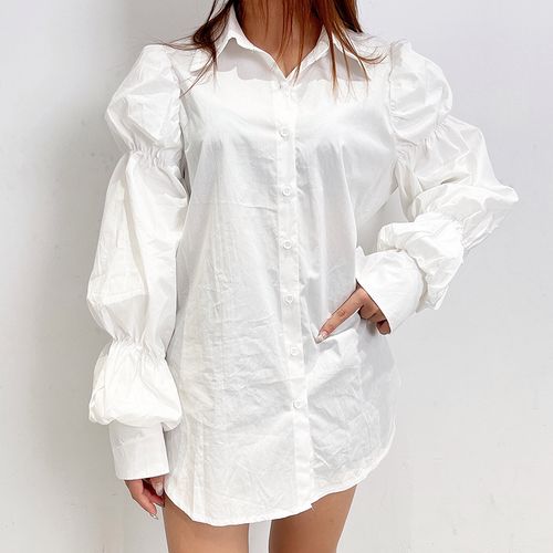 亏特清 法式宫廷公主气质韩版女泡泡袖长袖中长款衬衣纯色白ins