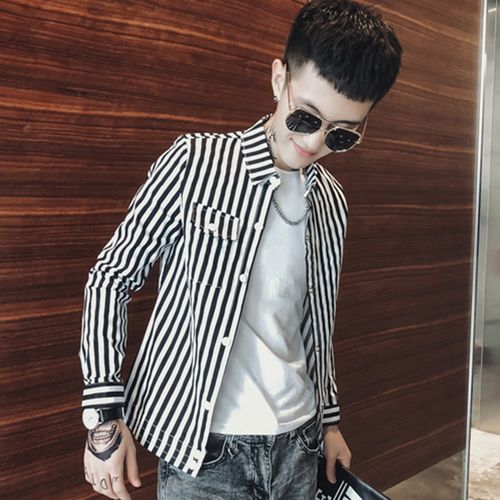 精神小伙寸衫社会人衬衣男长袖条纹衬衫发型师服装快手网红同款潮