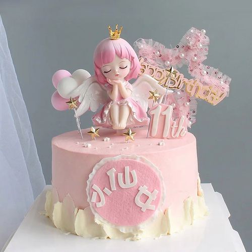 蜜雪儿公主生日蛋糕装饰粉色网纱五角星可爱小仙女翅膀天使女孩l