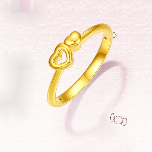 珠宝 足金黄金戒指 相依 简约爱心硬金黄金戒指康嘉夫人 约0.6g 10号