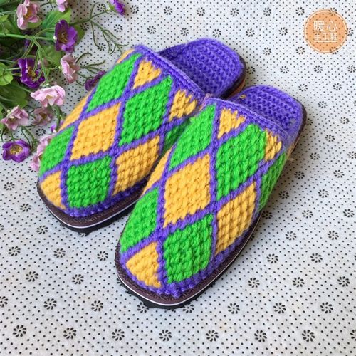 家居纯手工秋冬简约格子图案情侣编织毛线拖鞋男女室内防滑鞋包邮