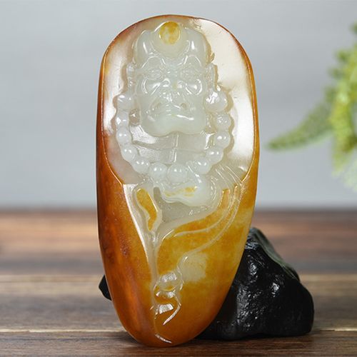 疆山孤品 新疆玉雕大师作品 和田玉籽料降龙罗汉佛手把件挂件92克