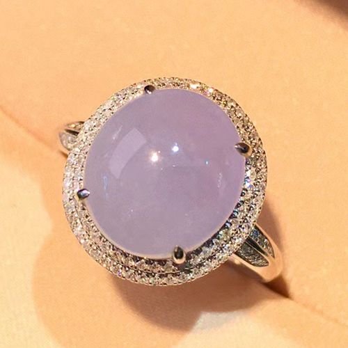 玉佳佳 翡翠冰粉紫蛋面戒指 缅甸a货翡翠玉石手饰18k金镶钻石送礼送