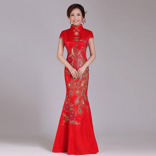 中式结婚礼服长款短袖鱼尾修身走秀旗袍礼仪旗袍裙迎宾服装中老年