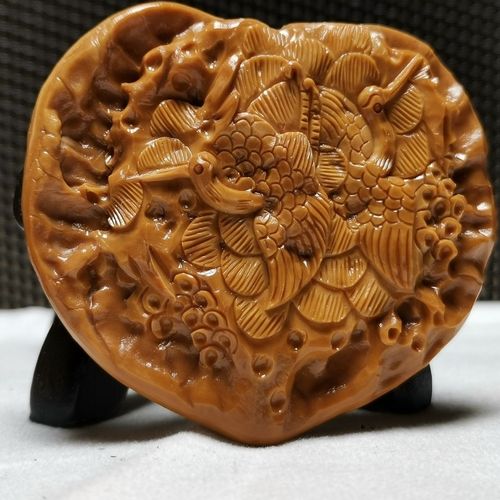 纯手工异形扁核桃纯手工雕刻作品  双面雕刻【松鹤延年】