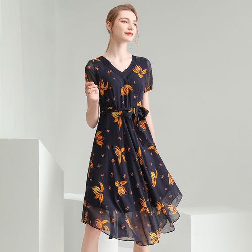 【100%桑蚕丝】21年夏新品女款真丝鸡心领不规则连衣裙