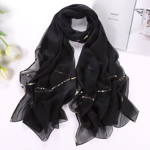 百搭韩版金边真丝围巾长款围脖秋冬季黑色桑蚕丝巾女洋气妈妈披肩