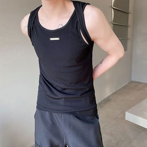交叉小吊带背心男个性金属标设计感小众时尚内搭韩版弹力修身上衣