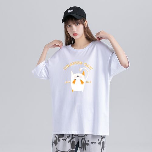 夏季女士短袖前胸卡通猫咪大印花t恤女休闲女士上衣宽松