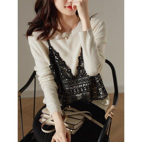 秋冬时尚百搭短款打底衫女撞色蕾丝抹胸圆领两件显瘦针织衫毛衣