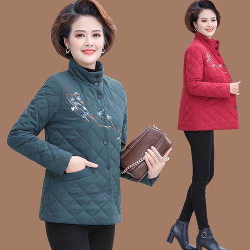 妈妈冬装短款轻薄棉服中老年女装小棉袄中老年人绣花轻便棉衣外套