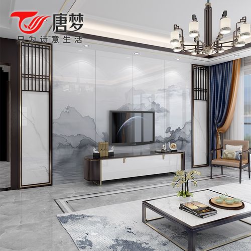岩板大板唐梦新中式电视背景墙瓷砖客厅大理石影视墙造型最忆西湖