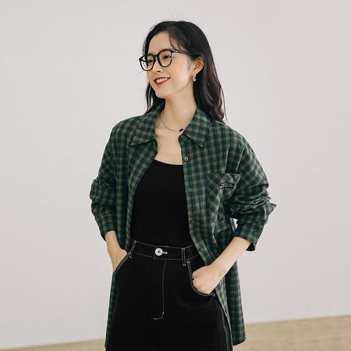 茵曼2021年秋季新款长袖衬衫女宽松尖领设计复古经典格纹纯棉长袖