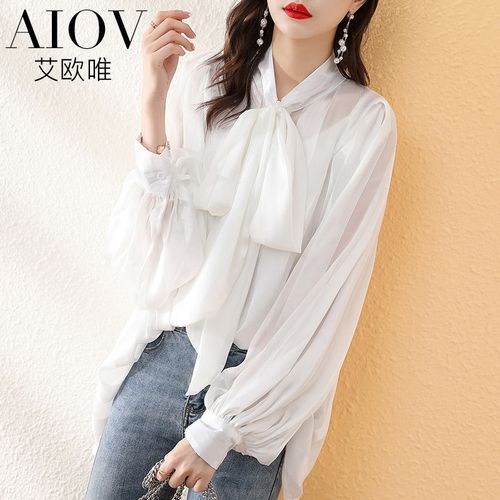 艾欧唯蝴蝶结雪纺衫上衣2022春装新款喇叭袖白色外搭衬衣衬衫女士