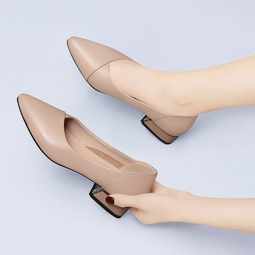 真皮单鞋女软底一脚蹬瓢鞋夏季粗跟薄款低跟尖头春秋款平底小皮鞋