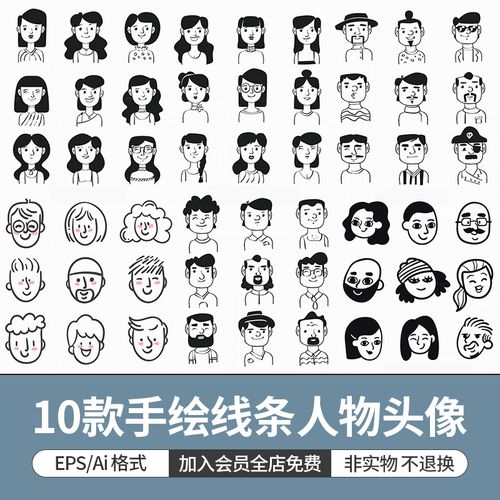 手绘卡通时尚简约线条人物头像可爱创意漫画插画设计ai矢量素材图