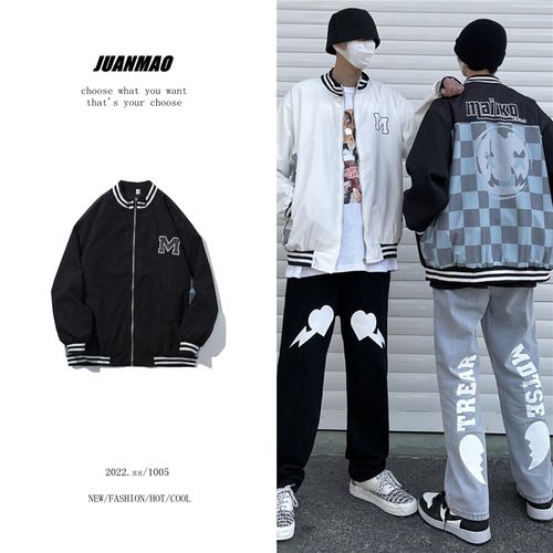 张泽禹王不染同款外套22春季原创欧美高街潮牌拼接格子棒球服夹克