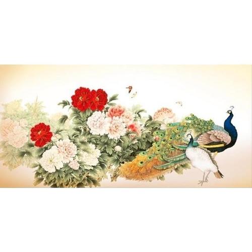 高仿真画飞禽走兽动物画娟丝画芯《孔雀牡丹图》四尺横幅