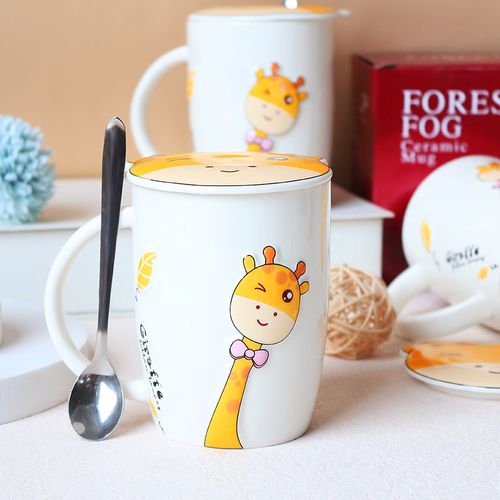 卡通长颈鹿图案马克杯 男孩女可爱孩办公桌陶瓷杯 早餐杯带盖送勺