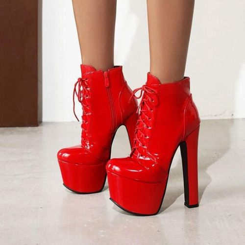 防水台系带女鞋红色靴子女16厘米恨天高超高跟短靴大码女靴 fwsx【6月