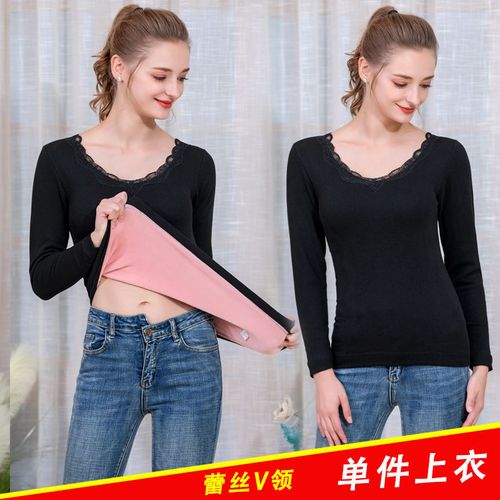 女士加厚加绒套装紧身塑身美体蕾丝领学生秋衣秋裤冬 黑色v蕾丝单上衣
