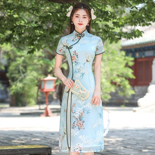 短袖中长款旗袍女唐梦语时尚雪纺唐装奥黛2021夏季