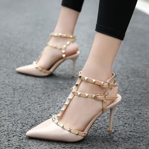 高跟鞋女细跟凉鞋欧美性感铆钉包头单鞋一字扣绑带尖头超高跟女鞋