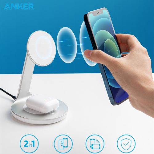 anker立式磁吸无线充电器适用苹果12手机专用蓝牙耳机二合一快充