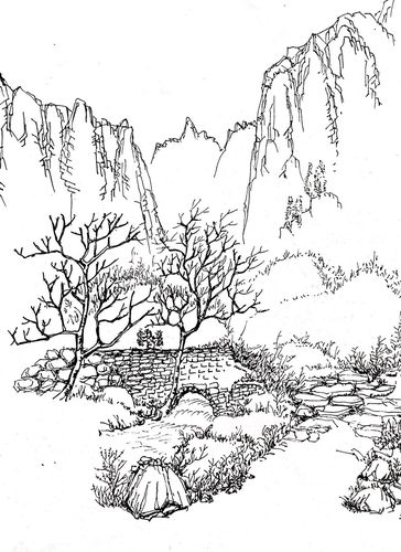 钢笔纯手绘山水画稿 可定做临摹代画