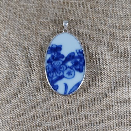 古瓷首饰 青花瓷吊坠挂件 老瓷片 植物花卉 925银 手工包边 配饰
