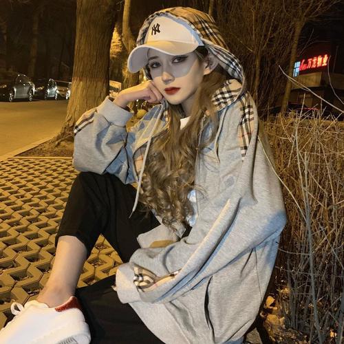 网红春夏潮牌格子连帽外套女ins超火快手网红同款精神社会情爆款