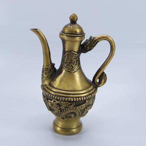 仿古黄铜古董酒壶装饰摆件 龙头酒壶工艺品铜器老物件摆件