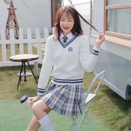 原创学院风毛衣衬衫百褶裙三件套装秋冬日系jk英伦学生少女 长袖毛衣