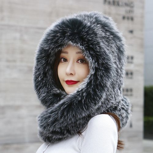 韩版编织狐狸毛风雪帽围巾帽子一体冬季保暖抗寒加厚裘皮围巾帽