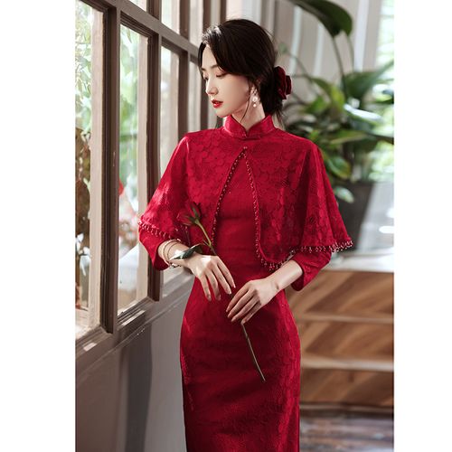 红色敬酒服旗袍两件套秋季长袖高端新娘结婚回门答谢