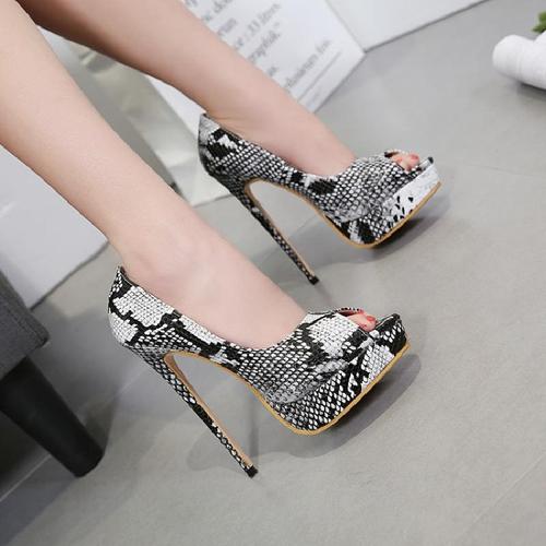 2018夏季蛇纹皮细跟超高厚底鱼嘴女士凉鞋女鞋鱼嘴鞋单鞋