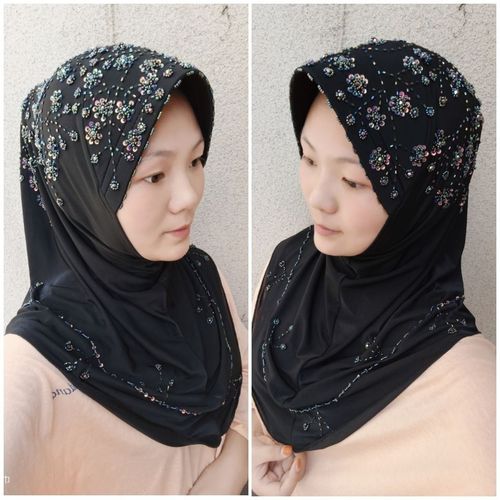 穆斯林纱巾回族盖头手缝串珠头套珍珠梅花款黑色系列