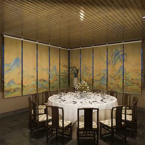 新中式玄关帘软隔断时尚酒店餐厅茶室升降半透窗帘卷帘 千里江山