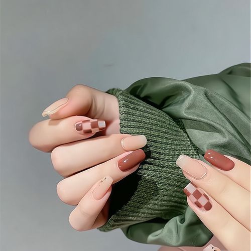 金边棋盘格美甲穿戴甲片贴夏季显白假指甲百搭ins风美甲贴片成品